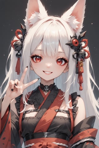 (score_9,score_8_up,score_7_up,)1Girl,animal fox ears,red eyes,long pure White hair,red skirt,goth style luxury layered kimono,hair ornament,upper body,v,smile,goth girl,sagawa,garter straps,YuukiTeitoStyle