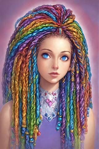 ultra Realistic,1 Girl,Beautiful Blue eyes,Detailed and beautiful iris,
 with crazy alternate hairstyle, amazingly intricately (dreadlocks:1.5
),colorful color hair, each braid painstakingly created,decorated with delicate accessories and beads, hair dark gold and black in color,aesthetic,Rainbow haired girl ,FlowerStyle,Score_9