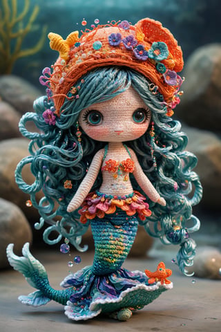 1girl,Crocheted doll,colorful hair, serene underwater palace, unfolds before us, illuminated by soft, shimmering light. A majestic mermaid, her azure scales glistening like polished gemstones, o. Her long flowing blue hair cascades down her back, adorned with lustrous pearls that seem to glow in harmony with the iridescent tail fins that undulate behind her, its swirling patterns echoing the intricate textures of the coral reef surrounding her. The entire scene is captured in ultra-sharp detail, inviting us to linger amidst the vibrant fish and colorful sea anemones.,Rainbow haired girl ,chibi