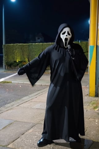 A man in a black coat and a white ghostface, ghost face costume,
saturday night fever!!!!!