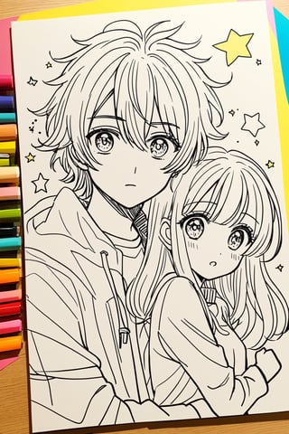 drawing on colored paper Doodles art,(line art), shoujo manga style, girls with big eyes, starry eyes, shaggy hair,boy meets girl,