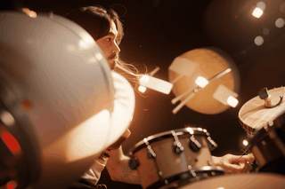 dave grohl drumming,hard hit, christmas lights, cinematic, shallow depth of field,photorealistic,