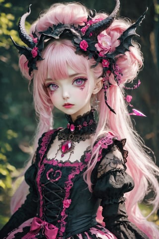A Gothic Lolita girl with dragon eyes and dragon horns,Depth and Dimension in the Pupils,
gracefully crystalline cheeks, her attire adorned with intricate pink lace and dark, ethereal fabrics,(intricate dragon horns) elegantly complement her elaborate hairstyle, creating a mystical and captivating presence. Her eyes, reminiscent of a dragon's gaze, exude an otherworldly charm, adding a touch of fantasy to the Gothic Lolita aesthetic. The fusion of traditional Lolita elements with dragon-inspired details results in a unique and enchanting character.,dragon-themed,goth person,lolita_fashion,Dragon,gemsdragon