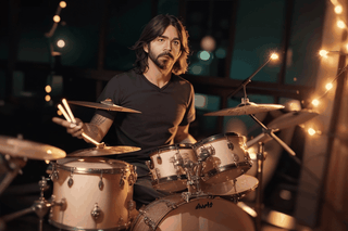 dave grohl drumming, christmas lights, cinematic, shallow depth of field,photorealistic,