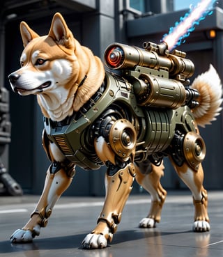 Extreme detailed, ultra Realistic, futuristic, A Shiba Inu with a high-tech Gatling gun on its back, Solo, 1Dog, large Gatling gun, fire, high-tech cybernetics Dog, four legs, ULTRA Real, Realistic dog, military, monster, ,mecha
