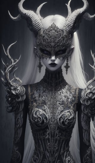1girl,.albino demon little queen, (long intricate horns), a sister clad in gothic punk attire, face concealed behind a striking masquerade mask,themed,white_aesthetics,photorealistic,Masterpiece,Realistic,dark fantasy,intricate printing pattern 