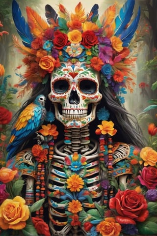 Imagine god of death, stunning skeleton adorned in the vibrant motifs of Mexican culture, inspired by the traditions of Dia de los Muertos. Painted with intricate designs in bold colors like red, blue, yellow, and green, its bones come to life with floral patterns and symbolic imagery. Adorned with flowers, feathers, and beads, this ornate skeleton pays homage to Mexico's rich cultural heritage and celebrates the beauty of life and death.,skll