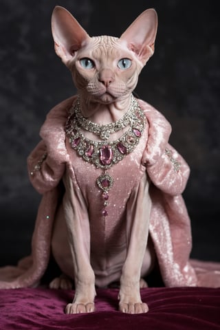 Portrait of a cute pink Sphynx cat, the cat is wearing a luxurious jeweled dress, on a velvet rug,bustle dress