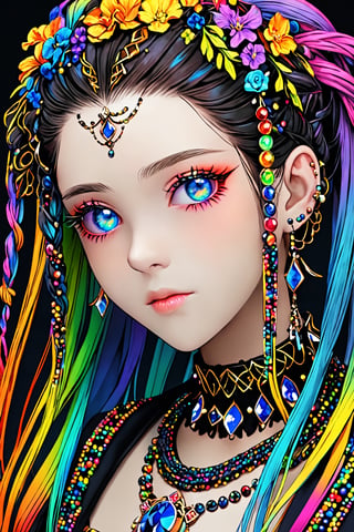 ultra Realistic,1 Girl,Beautiful Blue eyes,Detailed and beautiful iris,
 with crazy alternate hairstyle, amazingly intricately (dreadlocks:1.5
),colorful color hair, each braid painstakingly created,decorated with delicate accessories and beads, hair dark gold and black in color,aesthetic,Rainbow haired girl ,FlowerStyle,Score_9