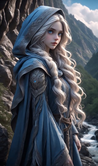 Extreme detailed,ultra Realistic,
beautiful young albinoELF lady,platinum silver shining pigtails hair, long elvish braid, side braid, blue eyes,Depth and Dimension in the Pupils,So beautiful eyes,elf ears,
white skin like alabaster,
Wearing leather tunic, hooded cloak, animal fur hood, intricate clothing, animal fur clothing, dark clothing, waistband, scarf, soft smile, bending posture, looking into the distance, 
snowy mountain scenery, overlooking valley, river, white clouds, seen from behind,ol1v1adunne,Decora_SWstyle