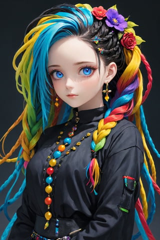 ultra Realistic,1 Girl,Beautiful Blue eyes, with crazy alternate hairstyle, amazingly intricately (dreadlocks:1.5
),colorful color hair, each braid painstakingly created,decorated with delicate accessories and beads, hair dark gold and black in color,aesthetic,Rainbow haired girl ,FlowerStyle