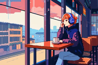 lofi anime, 1 girl,Wearing headphone street fashion, sitting in coffee shop, rainy days, windows,lofi style,Pixel Art