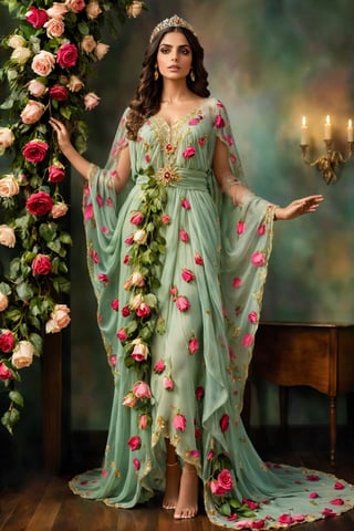 peerless beauty slavs girl,adorned in a fantasy-themed caftan dress, resplendent with roses. This noblewoman exudes an aura of grace and elegance as she glides through the room, her dress trailing behind her like a cascade of delicate petals. The caftan, intricately embellished with intricate floral patterns and shimmering gemstones, enhances her ethereal allure. With every step, she exudes the timeless charm of a fairy-tale princess, ,Flower queen,Pakistani dress