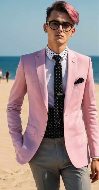 Solo,Realistic photo, nasty man, aesthetic French gentleman, emo aristocratic style, short hair, black round glasses,(eye shadows),(emo makeup), chic colorful Stylish business suit, with polka dot tie,(luxury golden lapel pin chain),
 rose in chest pocket, Slender man with long legs and tall stature,beautiful sandy beach background,Handsome boy,r4w photo