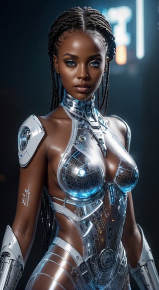 Extreme Realistic,extremely elaborate,
african actress cyber girl wears a ultra transparent high-tech Cybersuit,hologram wear, white high-heele,beautiful perfect face, beautiful eyes,large boobs
cyberpunk style,detailed body, highly detailed face, quality, intricate details,Cyberpunk, Detailedface, Realism,futurecamisole,p3rfect boobs,photo r3al
