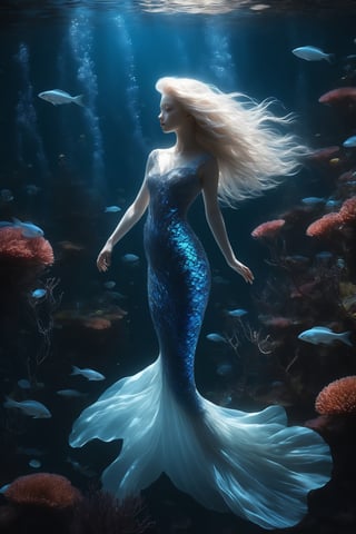 1 girl,In the depths of the ocean, a delicate and ethereal albino mermaid glides gracefully through the azure waters. Her translucent fins shimmer with iridescence as she navigates through a forest of sea anemones, their vibrant tentacles swaying like blossoms in the gentle current. Despite her otherworldly beauty, there's a sense of melancholy about her, as if she's forever searching for something just beyond her reach in the endless expanse of the sea.,underwater