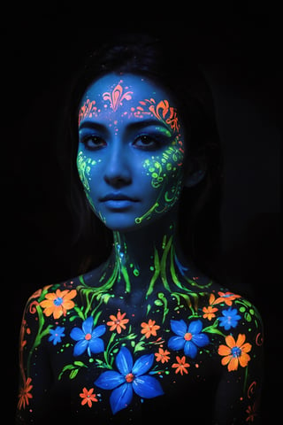 A girl, adorned with body paint, glows under blacklight, resembling radiant flowers, The intricate designs illuminate her skin, creating a mesmerizing spectacle as she moves. Each stroke of the brush accentuates her features, enhancing her natural beauty with vibrant hues that come to life under the fluorescent glow. With every graceful movement,bl4ckl1ghtxl,glitt3r,Wonder of Beauty