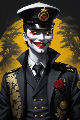Fearsome and formidable enemy, unusually slender man,grim face,queer smile, a vampire man, crazy face, 35Yo,((eerily glowing golden eyes)), a deeply worn military cap, and dressed in the formal attire of the old Japanese army, he exudes an aura of authority,((black shroud)),His military uniform features a tailored jacket decorated with intricate details and traditional symbols, white gloves marked with a pentagram,pentagram,zavy-cbrpnk,Hiro Crazy Dimension
