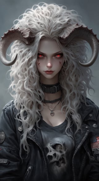 (intricate demon horns:1.2),((cowboy shot:1.2)) ,albino demon girl with enchantingly beautiful, alabaster skin, A benevolent smile,girl has Beautiful deep red eyes,soft expression,Depth and Dimension in the Pupils,
BREAK,
edgy punk rock fashion ensemble, complete with Ratty dreads, More patchs, Crust core, anti union flag design, dirty torn studded leather jacket, hardcore Punk Style jacket, lot Punk badge, dirty black leather pants, dirty long torn leather bootsstuds, and unconventional accessories
