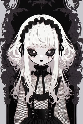 Shoujo manga style,1girl,ultra cute, Harajuku Style grunge fashion with kawaii and Lolita themes, albino demon girl,(pure white 
long hair),(black sclera;1.2),luxury mesh fishnet blouse,dal-1,ct-niji2,black hands,greg rutkowski