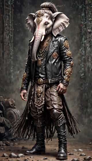 ultra Realistic,Ganesha,elephant Head God, adorned in a modern punk-rock ensemble, wears a tailored black leather jacket featuring intricate silver stud patterns reminiscent of sacred symbols,The jacket complements his long dreadlocks, each strand intricately styled, creating a fusion of divine elegance and rebellious flair. His knee-high boots, embellished with unique motifs, complete the ensemble, seamlessly marrying traditional Hindu symbolism with contemporary punk fashion, in the style of esao andrews,Extremely Realistic,LegendDarkFantasy,Animal Verse Ultrarealistic ,Made_of_pieces_of_bro