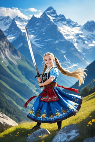  photorealistic, bokeh,
beautiful scene set against the majestic backdrop of the Alps, A young girl,long blonde pigtails, dressed in a traditional dirndl, stands smiling brightly,Her dirndl is adorned with intricate patterns and vibrant colors, reflecting the traditional Bavarian style,(holding a KATANA in hands), which contrasts sharply with her cheerful demeanor and the serene, picturesque mountain landscape.,y0sem1te,hubggirl,yva11ey1,photo r3al,holding gun,HG_1,gunatyou,DonMM1y4XL,glowing sword,brave perspective