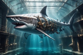 A giant shark made of glass, swimming in the sea with its imposing form, inside the transparent shark's body, with intricate steampunk-inspired mechanical parts in place of organs, gears, pistons and cogs whirling and turning, showing fascinating movements inside the beast's belly. It has sleek lines and sharp teeth, with light streaming through the glass and casting fascinating reflections on the surrounding space. This stunning fusion of marine biology and industrial aesthetics is mesmerising to behold and underwater.
 ,underwater,AbmSTPD