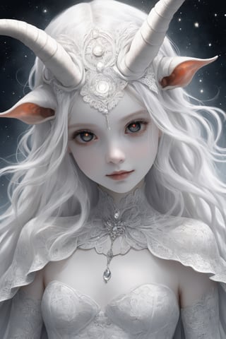 ,(long intricate horns:1.2) ,albino demon girl, with enchantingly beautiful, alabaster skin,
A benevolent smile,girl has Beautiful deep black eyes,soft expression,Depth and Dimension in the Pupils,
Her porcelain-like white skin reflects an almost celestial glow, highlighting her ethereal nature,Every detail of her divine lace costume is meticulously crafted, 
Capture the subtle intricacies of the lacework, emphasizing the delicate patterns that complement her unearthly features. From the curve of her horns to the flowing elegance of her dress, 
,goth person,epicDiP,DonMM1y4XL