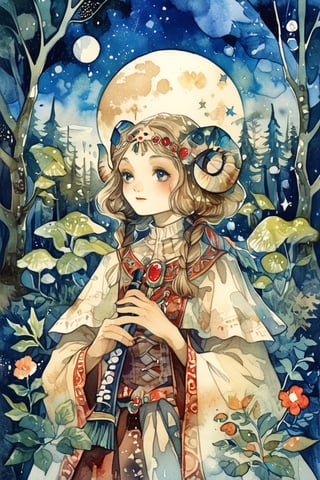 fairy tale illustrations,Simple minimum art, 
myths of another world,Perfect sky, moon and shooting stars,moon on face,
pagan style graffiti art, aesthetic, sepia, ancient Russia,(holy bard),holding an old flute,
A female shaman,(wearing a sheep faced mask:1.2),
Gentle rain, warm sunlight filtering through the leaves, ancient forest,
watercolor \(medium\),jewel pet,acidzlime