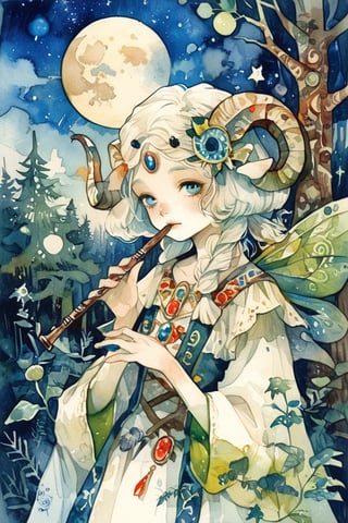 fairy tale illustrations,Simple minimum art, 
myths of another world,Perfect sky, moon and shooting stars,moon on face,
pagan style graffiti art, aesthetic, sepia, ancient Russia,(holy bard),holding an old flute,
A female shaman,(wearing a sheep faced mask:1.2),
Gentle rain, warm sunlight filtering through the leaves, ancient forest,
watercolor \(medium\),jewel pet,acidzlime