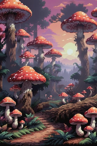 pixel art,
environment), (beautiful scenery), ((mushroom forest)),large mushrooms Forest, 
mysterious light,
(detailed mushrooms), (red sky), bright sky, outdoor, giant mushrooms, gigantic mushrooms, tall mushrooms, colorful mushrooms, 