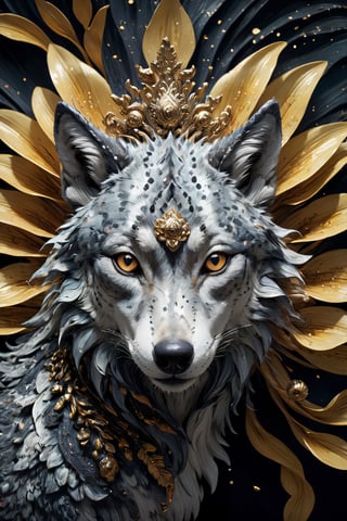 Animal close up portrait, Chaotic black and white patterns, asymmetrical silhouettes, (Ultra High Definition), (Ultra-Realistic 8k CG),colorful sea‐lily,
1Wolf,decorated with gold, tattered ,detailed,in Velvet Room,Acidmelt,colorful,anthro