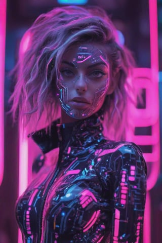  girl, Detailed body painting beautiful neon operator tanned woman, cyberpunk futuristic neon, reflective puffy coat, decorated with traditional japanese ornaments, perfect face, fine details,neon,circuitboard