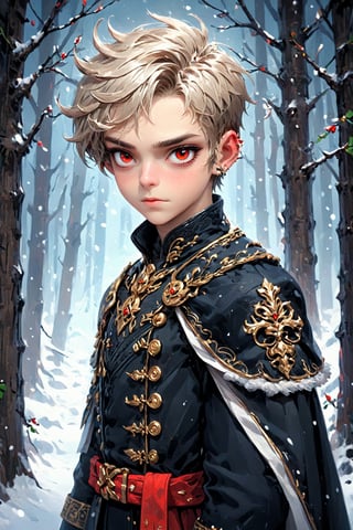 ultra Realistic, Extreme detailed, Nordic beautiful teen boy, ((flat chest:1.2)),full body,
boyish short hair, beautifully detailed eyes, detailed fine nose, detailed fingers, wearing extremely detailed luxury male Prince Albert coat,
Beautiful red eyes,soft expression,Depth and Dimension in the Pupils,So beautiful eyes that 
Has deep clear eyes,detailed eyelashes,mesmerizing iris colors,the skin color is closer to white,
Christmas Fantasy World,perfecteyes,Anime ,3D,ct-niji2