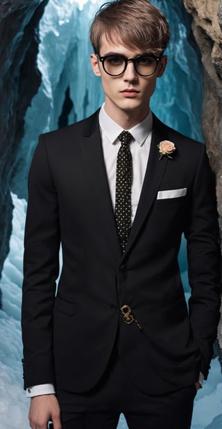 Solo,Realistic photo, nasty man, aesthetic French gentleman, emo aristocratic style, short hair, black round glasses,(eye shadows),(emo makeup), chic black business suit with polka dot tie,(luxury golden lapel pin chain),
 rose in chest pocket, Slender man with long legs and tall stature,beautiful inside a huge ice cave,Handsome boy,r4w photo