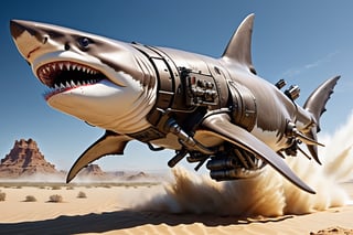 Extreme detailed, ultra Realistic, futuristic,gigantic shark with a high-tech Gatling gun on its back,large MISSILE pod, large Gatling gun, fire, high-tech cybernetics shark,(NO leg:1.5),ULTRA Real, Realistic, military,
((In dessert))