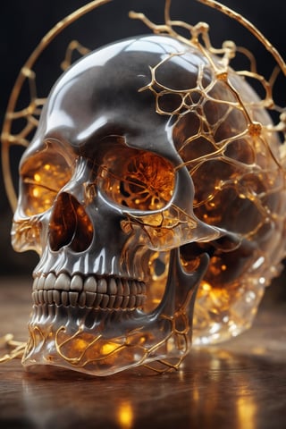 Skull made of crystal, beautiful atmosphere with golden lines, perfectly transparent bones, golden blood vessels