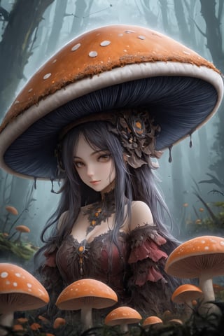 In a whimsical fantasy world, a young girl with a mushroom hat captures the essence of wonder and adventure. With each step, her hat adorned in vibrant colors and playful patterns, she embodies the magic that surrounds her. With curious eyes and boundless imagination, she invites all to join her on a journey through enchanting realms where dreams come to life.,a1sw-InkyCapWitch