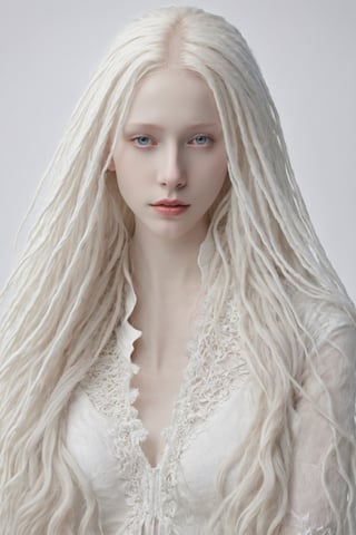 (best quality, 4k, 8k, highres, masterpiece:1.2), A creepy yet intriguing digital illustration portrait of a albino pale young girl, pure white very long dreadlocks hair,
psychedelic long hair, She wears a seductive white lace outfit with white fur accents, embodying the essence of allure and sensuality, ,valent_1314