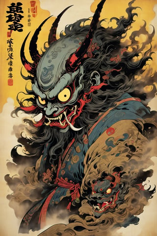 ((Solo)), Yōkai, Gyūki, a yokai from Japanese folklore, a monster with a head like an ox and a body like a spider,((spider body)), two sharp yellow horns, and six legs with sharp, sickle-like claws extending from the tips of the horns..,huapighost,oni style