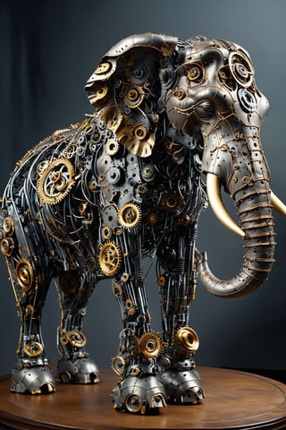 The elephant is constructed with numerous mechanical components, including gears, screws, and wires, intricately mimicking the form of an elephant. The head features intricate gear structures, while wires and pipes make up the trunk. The body consists of metallic parts, each intricately detailed to resemble elephant skin.,DonMSt34mPXL,Mechanical