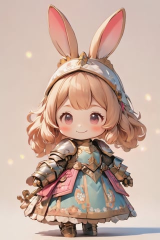 3D Figure,cute little brave  bunny,bunny ear,(rabbit nose:1.4),blush stickers,((Smile with peace of mind)),sparkling cute eyes,pink loli armored dress, weapon holding,Beautiful embroidered dress,kawaii knight,close up,3d figure,chibi