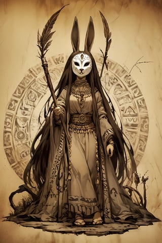 fairy tale illustrations,Simple minimum art, 
myths of another world,
pagan style graffiti art, aesthetic, sepia, ancient Russia,
A female shaman,(wearing a rabbit-faced mask),nodf_xl, in the style of esao andrews
