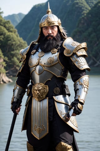  cyborg version of Guan Yu, the legendary Chinese general,(very very long beard:1.2),Clad in futuristic armor adorned with traditional motifs, Cyborg Guan Yu exudes an aura of strength, His cybernetic enhancements include robotic limbs, enhanced senses, and built-in weaponry,The gleaming metal of his cybernetic components contrasts with the ancient symbols engraved on his armor, symbolizing the fusion of past and future. His helmet, resembling a traditional Chinese warrior's helm but with high-tech visors,Background of the great raging river,
with a beard,Chinese_armor,kabuki,scythe,cyborg,exosuit,valkyrie,No keyword