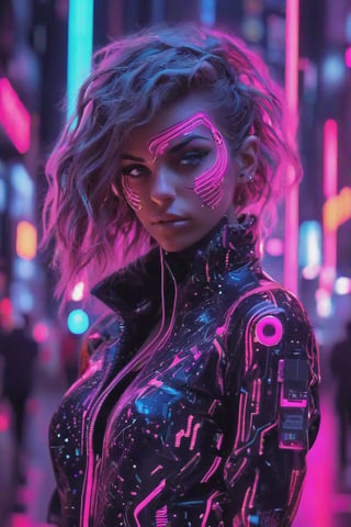  girl, Detailed body painting beautiful neon operator tanned woman, cyberpunk futuristic neon, reflective puffy coat, decorated with traditional japanese ornaments, perfect face, fine details,neon,circuitboard