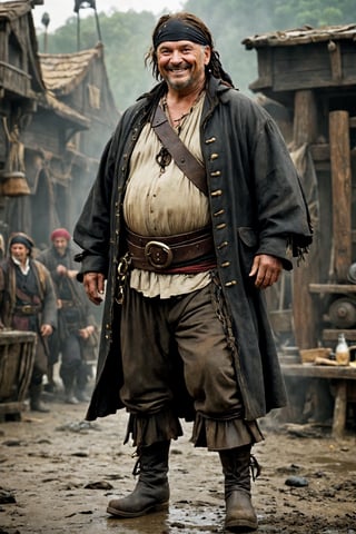 Ultra realistic,ugly old male pirate,low-ranking pirate,
black eyeliner, dirty coat,(fat),short hair,smile,(bandana hood:1.2),baggy trousers,gun belt, knee-length boots,Leonardo, Movie Still