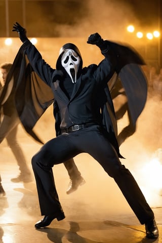 A man in a black coat and a white ghostface, ghost face costume,
saturday night fever!!!!!,action shot
