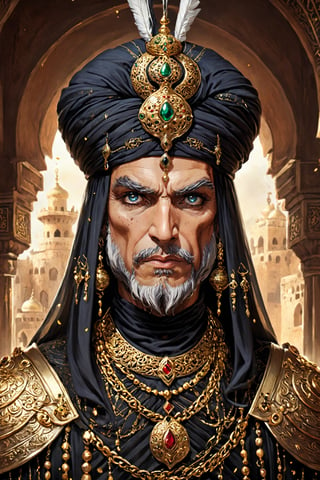the medieval Arabian Elder warrior, adorns himself in a sumptuous Arabian knight's attire,((Cowboy shot)),
Lots of ornaments,
A regal turban graces his head, 
His attire is bedecked with an array of opulent metals, accentuating his imposing presence. The judicious use of black eyeshadow enhances his eyes, complementing a determined expression. This ensemble not only reflects Saladin's historical heroism but does so with a luxurious and dignified flair,
 hyper realistic,LegendDarkFantasy,Stylish