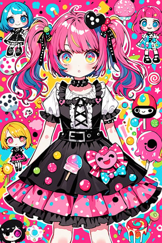 children's doodle style,
Colorful pop art, candy pop, lollipop punk, brightly colored berry beans, emo pink lolita girl,big Eyes,A dress made of jelly and ice cream,
 maximalism design,emo,dal-6 style,Color Splash,dramaticwatercolor,aihoshinopose