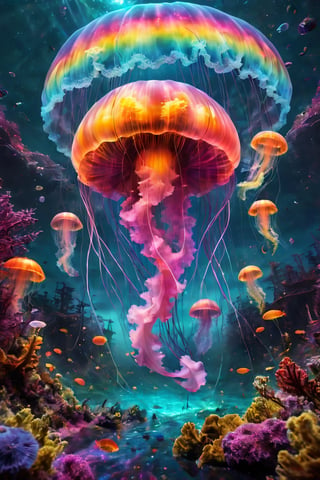 Entanglement art, mysterious phenomena, psychedelics, giant jellyfish swimming in a rainbow-colored universe,